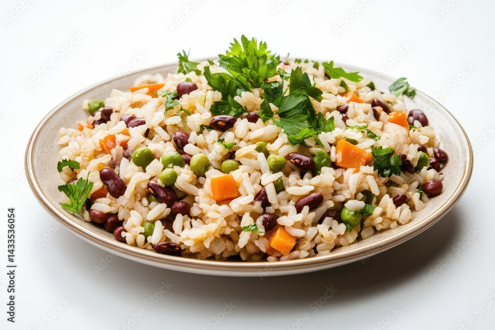 Dry bean and rice dish on plate, white background. AI generated illustration. Dry bean and rice dish on plate, white background. AI generated illustration.