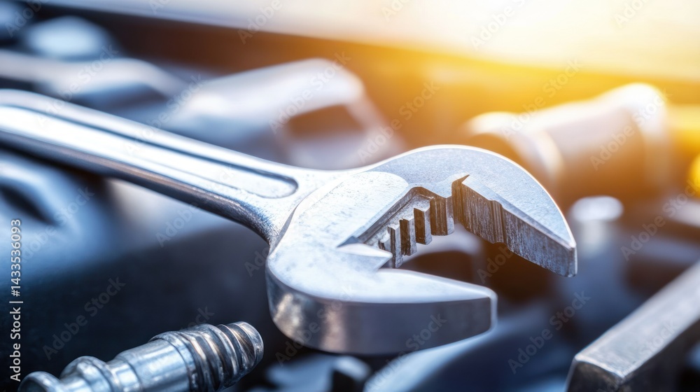A close up photograph of a silver open end wrench A close up photograph of a silver open end wrench