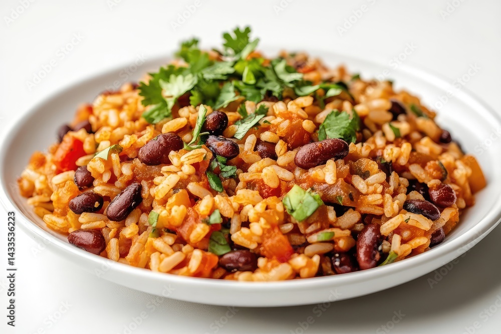 Dry bean and rice dish on plate, white background. AI generated illustration. Dry bean and rice dish on plate, white background. AI generated illustration.