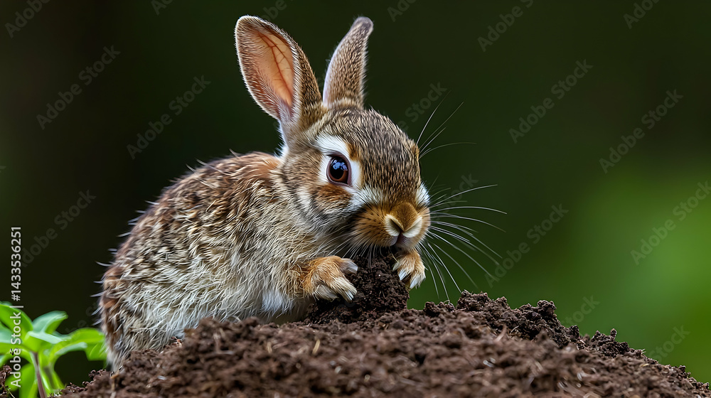 Fototapeta premium Small Brown Rabbit Eating Dirt In Nature