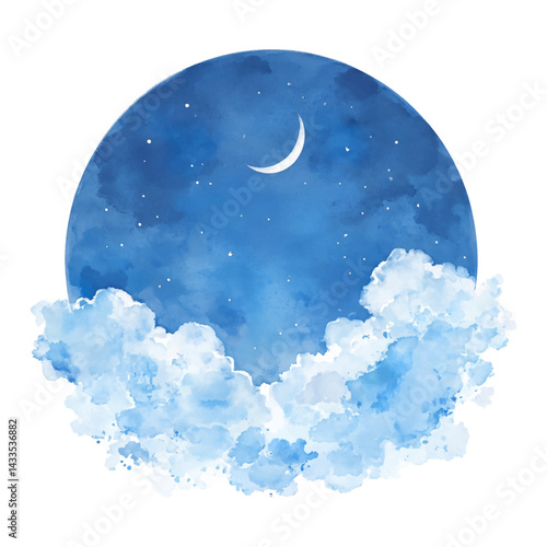 Watercolor Moon in the Night Sky with Fluffy Clouds Isolated Hand Drawn Watercolor Illustration