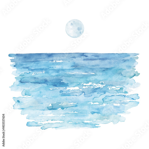 Sea with Moon Light Reflected on Water Surface Isolated Hand Drawn Watercolor Illustration