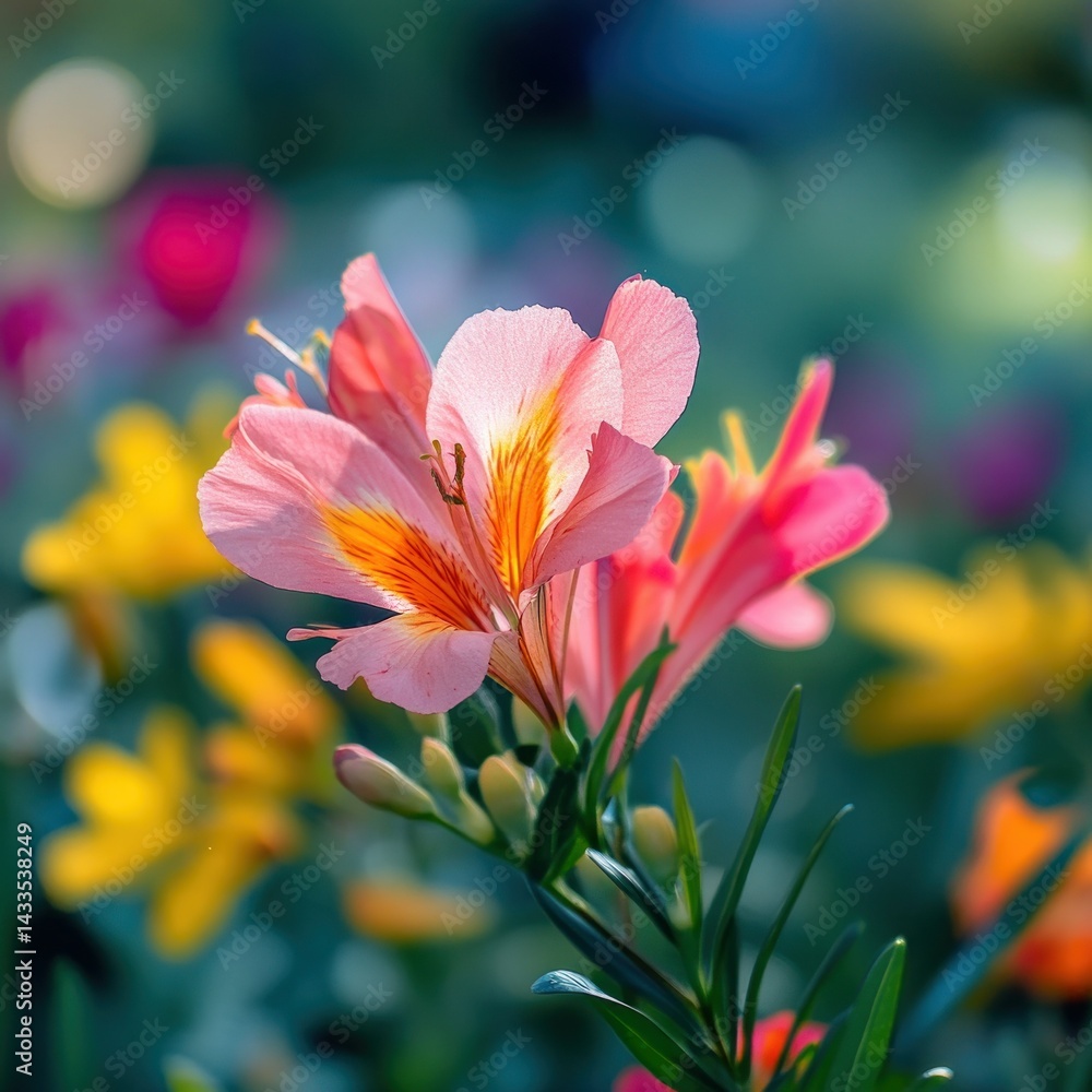 Fototapeta premium Delicate pink flower blooms with yellow and orange inner markings