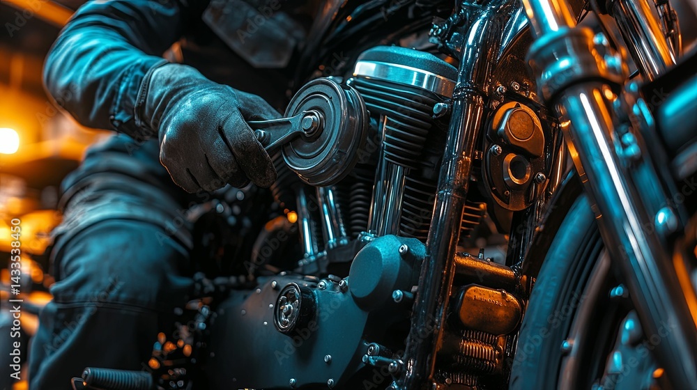 Fototapeta premium Close-up view of a person meticulously working on a powerful motorcycle engine.