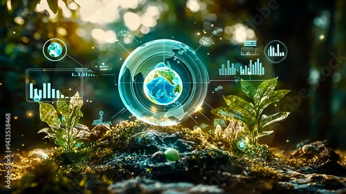 Enchanted forest scene with digital globe and plants