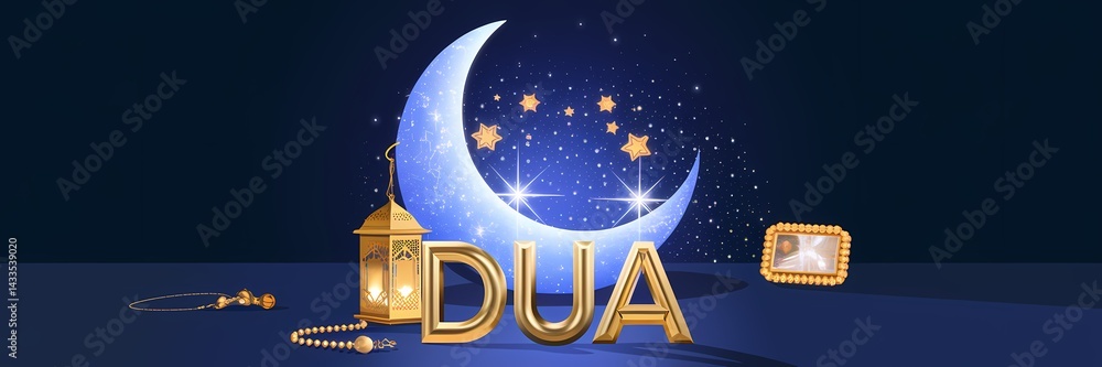 Fototapeta premium Luxurious Ramadan crescent embracing Golden lantern shining stars detailed rosary elegant 3D gold Dua typography in warm mystical cinematic setting embodying spirituality serenity and festive devotion