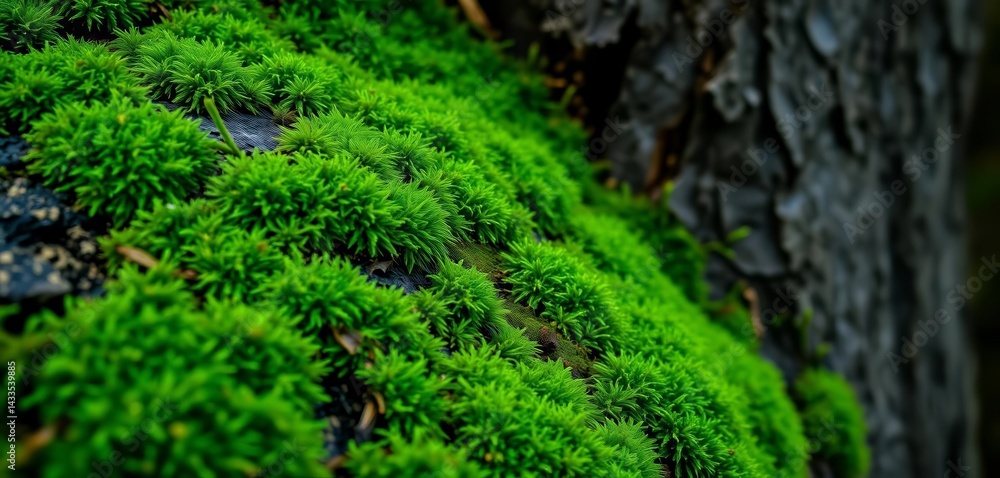 Emerald green moss carpet clinging to rough bark, texture, ecology Emerald green moss carpet clinging to rough bark, texture, ecology