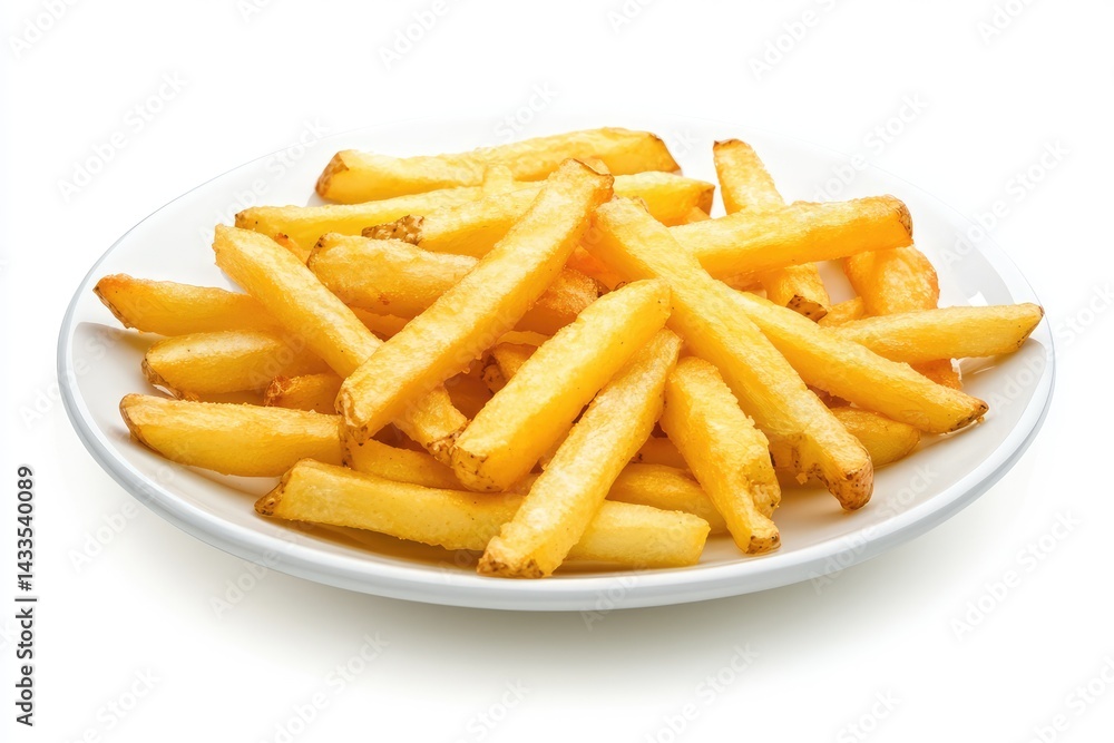 Apple cut fries on plate, isolated, white background. AI generated illustration. Apple cut fries on plate, isolated, white background. AI generated illustration.