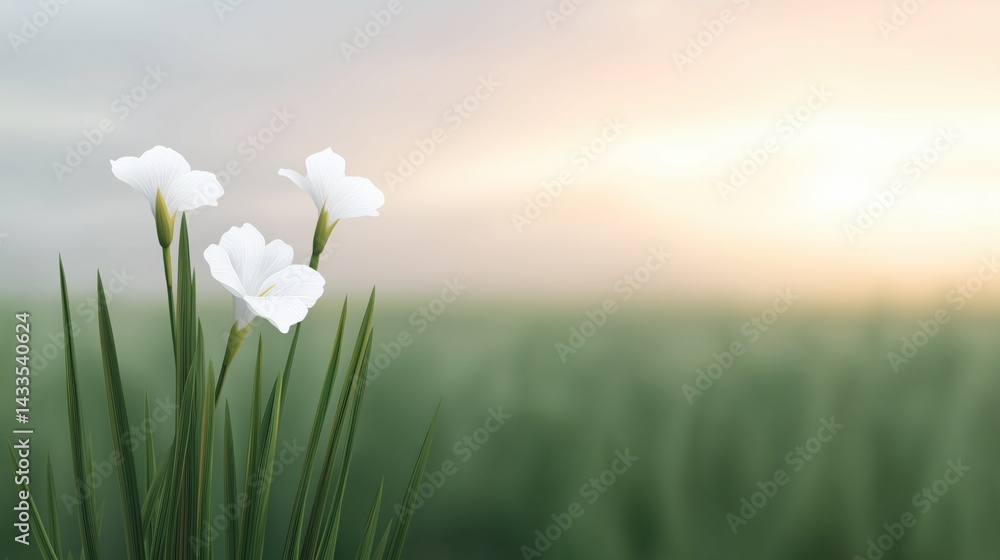 Delicate white flowers bloom at sunrise in a serene landscape filled with lush green grass.