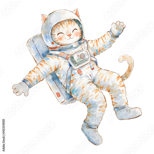 Cute Cat Astronaut Floating in Space with Spacesuit Isolated Hand Drawn Watercolor Painting Illustration