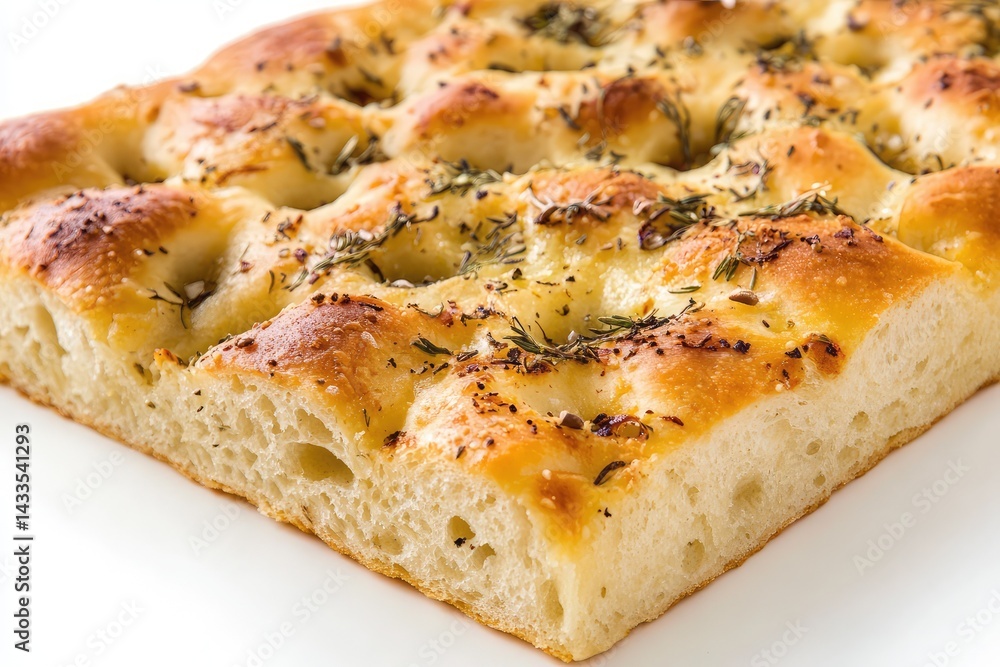 Focaccia on white background. AI generated illustration. Focaccia on white background. AI generated illustration.