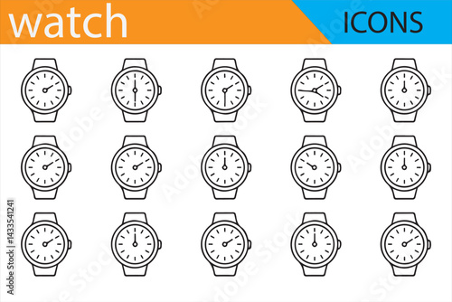 Watch Icon Set for Time, Clock, and Fashion-Themed Projects in Line Art Design