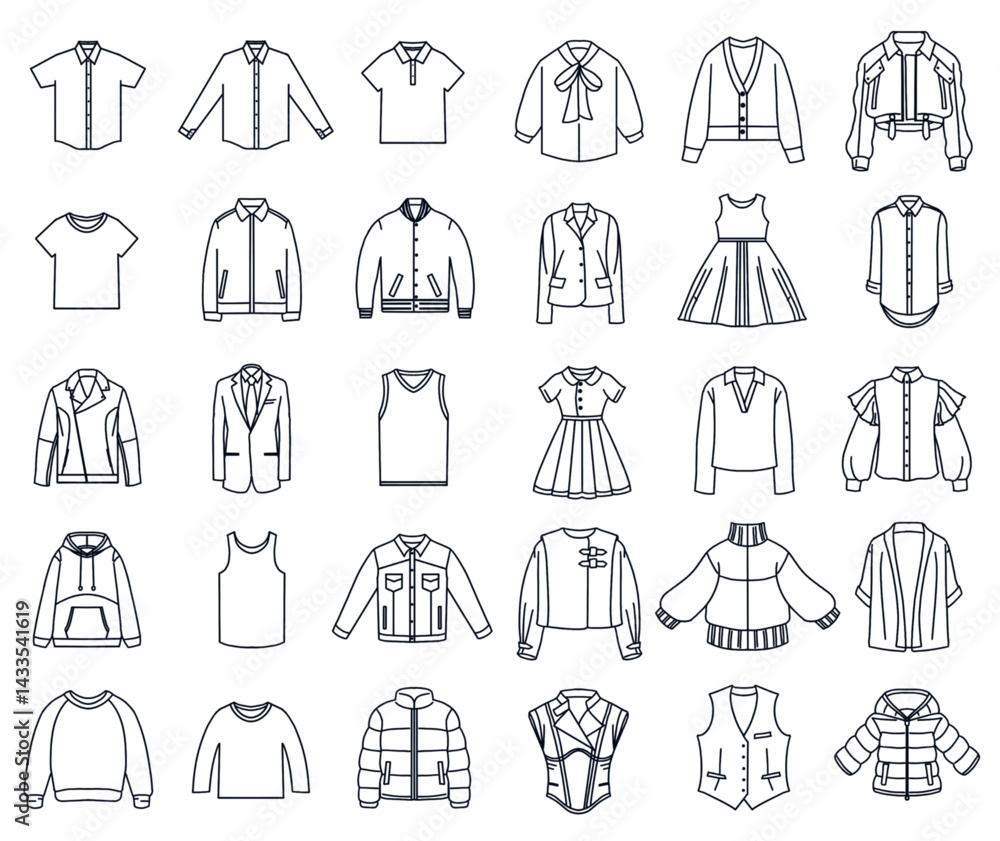30 set of upper clothes transparent background. vector illustration upper clothing for women and men style line icons: clothes, polo, shirt, suit, jacket, sweeter, outer, vest, singlet, dress, blouse 30 set of upper clothes transparent background. vector illustration upper clothing for women and men style line icons: clothes, polo, shirt, suit, jacket, sweeter, outer, vest, singlet, dress, blouse