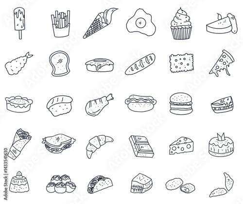 30 set of fast food. vector illustration transparent fast food line style icons: ice cream, french fries, eggs, cake, toast, donut, biscuit, burger, pizza, kebab, croissant, sushi, takoyaki, dim sum