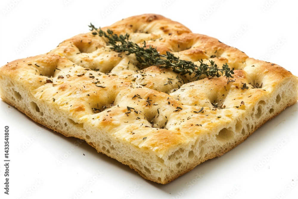 Focaccia on white background. AI generated illustration. Focaccia on white background. AI generated illustration.