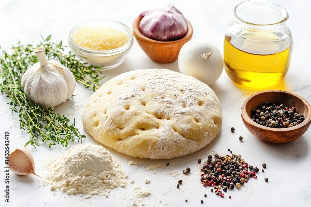 Fototapeta premium Focaccia ingredients on white background. AI generated illustration.