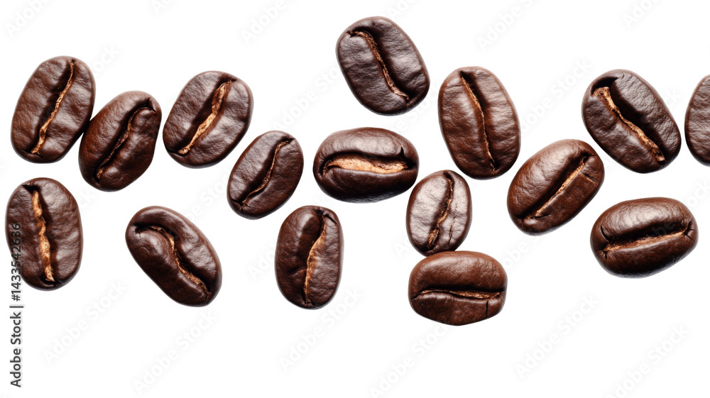 Roasted coffee beans falling on transparent background Roasted coffee beans falling on transparent background