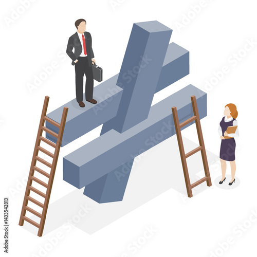 Gender inequality concept. Career discrimination on lady or woman. 3d flat isometric vector illustration unequal or not equal sign with businessman on top level and businesswoman on lower level.