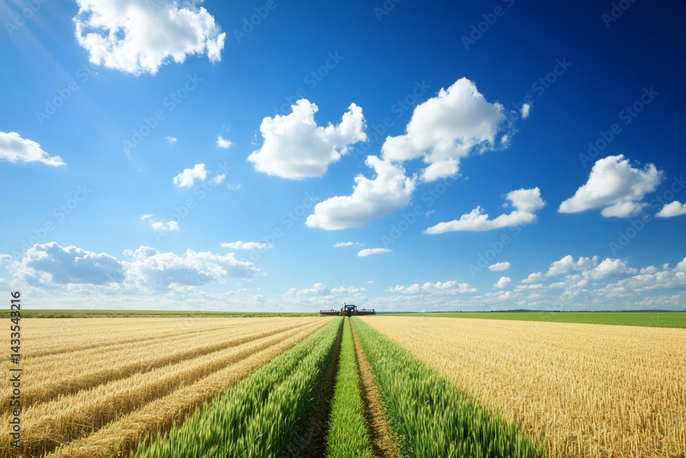 Tractor cultivating fields under a bright blue sky with fluffy clouds on a sunny day Tractor cultivating fields under a bright blue sky with fluffy clouds on a sunny day