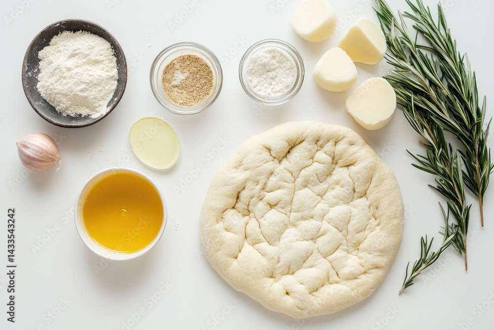 Focaccia ingredients on white background. AI generated illustration. Focaccia ingredients on white background. AI generated illustration.