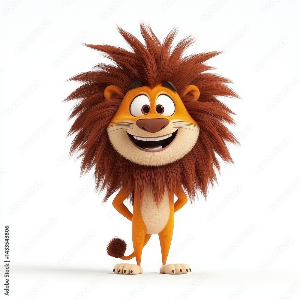 Obraz premium Cheerful Cartoon Lion with Fluffy Mane on White Background