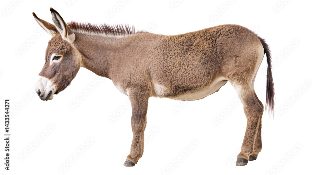 Fototapeta premium Donkey standing on transparent background, domestic animal, side view