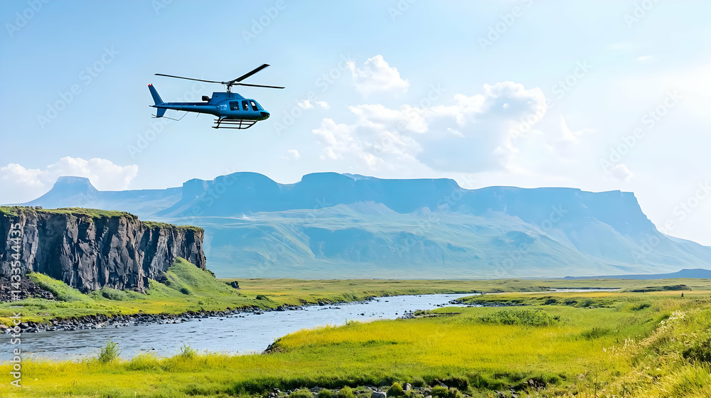 Helicopter Over Scenic Icelandic Landscape Helicopter Over Scenic Icelandic Landscape