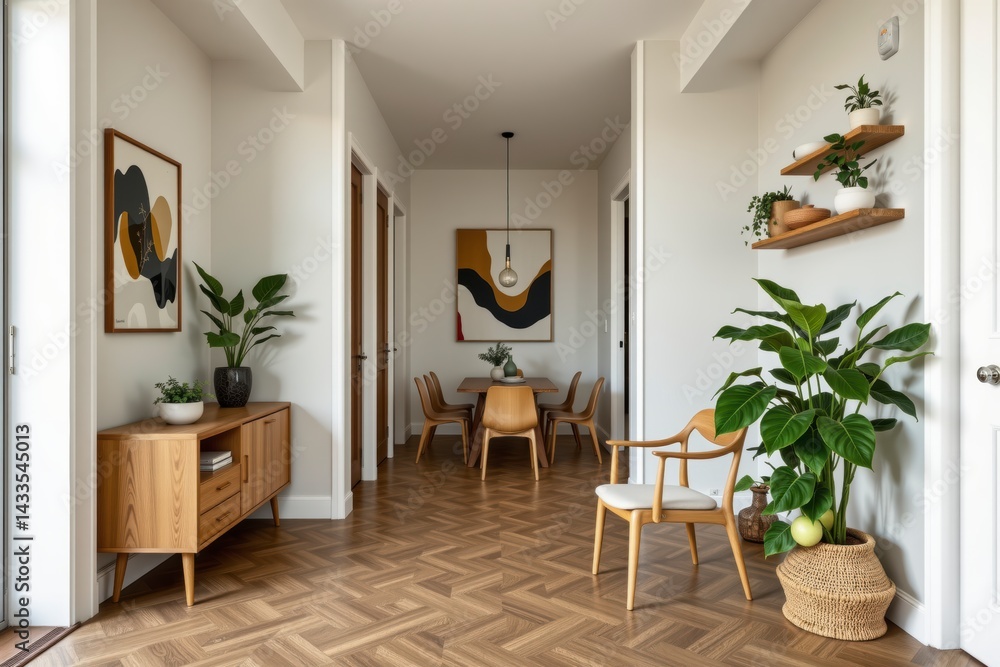 Fototapeta premium Modern and Bright Hallway with Stylish Furniture and Green Plants in Contemporary Interior Design
