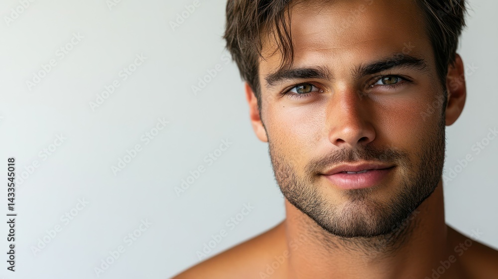 Young adult man smiles, presenting confidence, demonstrating clean fresh look, radiates modern masculinity with calm attitude. Young adult man smiles, presenting confidence, demonstrating clean fresh look, radiates modern masculinity with calm attitude.