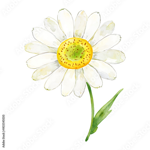 Daisy Flower with Green Stem and Leaf Isolated Hand Drawn Watercolor Painting Illustration