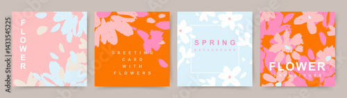 Modern floral background set. Abstract flower card template with brush texture. Vector illustration design for social media post, cover, poster, greeting card, birthday, invitation
