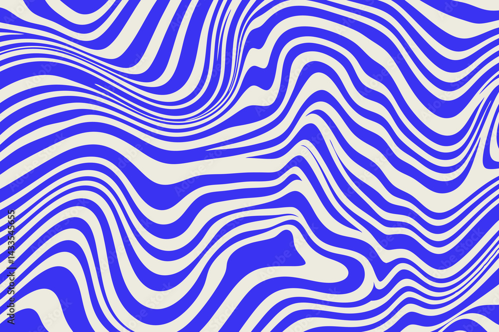 Obraz premium Blue Wavy Lines Abstract Background in Trendy Retro Psychedelic Style. Twisted, Swirled, and Distorted Vector Texture