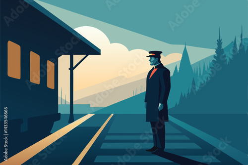train conductor in misty rural station .eps
