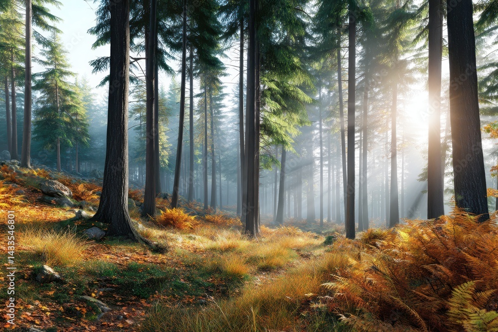 Obraz premium Misty pine forest with autumn leaves and sun rays, golden hour scene