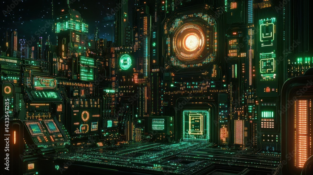 Fototapeta premium Futuristic cityscape rendered with glowing lights and complex technological details