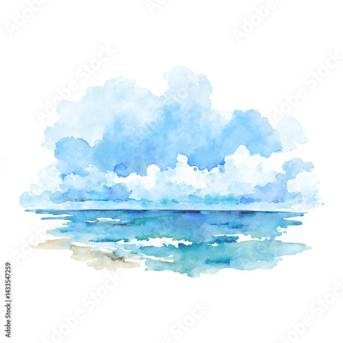Beautiful Seascape with Clouds and Sea Isolated Hand Drawn Watercolor Painting Illustration