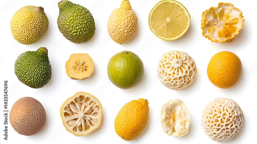 Exotic Fruits Flatlay White Background.
