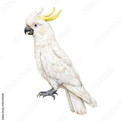 Cockatoo Bird Full Body Yellow Feather Crest Isolated Hand Drawn Watercolor Painting Illustration