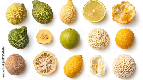 Exotic Fruits Flatlay White Background.