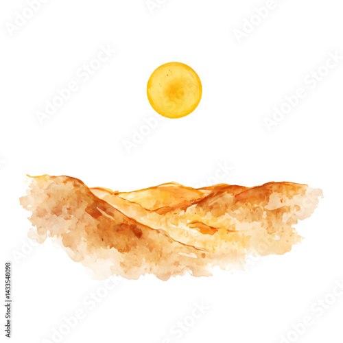Scenic Desert Landscape with Sun Isolated Hand Drawn Watercolor Painting Illustration Art