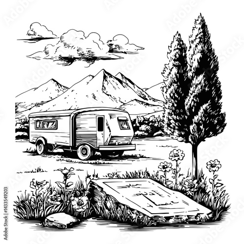 Vintage Camping Scene with Caravan and Engraved Stone in Nature