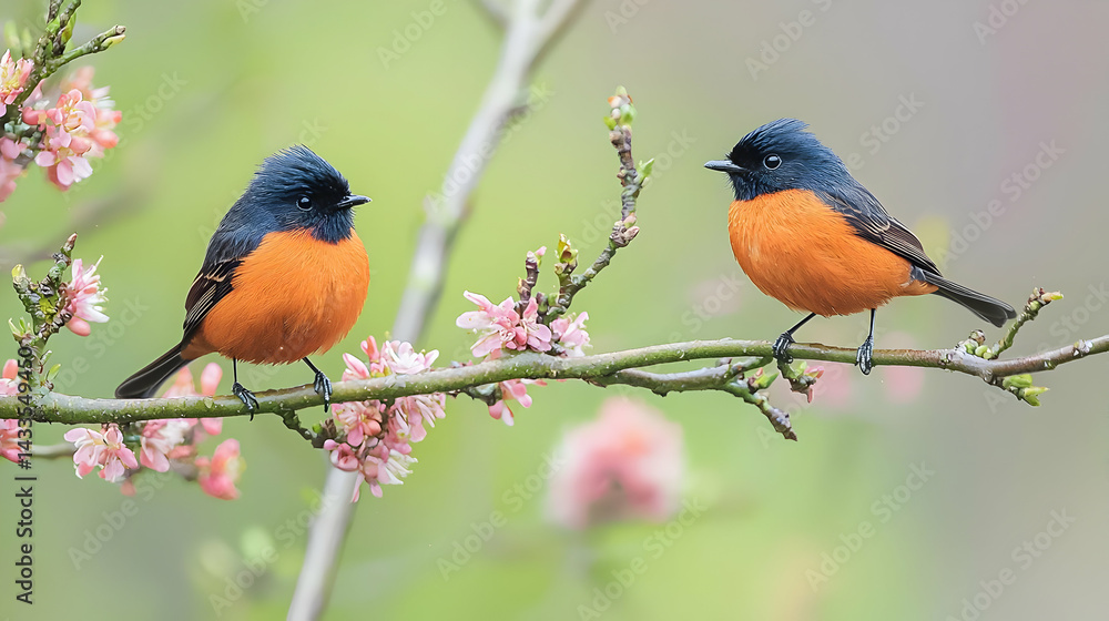 Fototapeta premium Two Small Orange And Black Birds Perched On Branch With Pink Blossoms In Soft Focus Background