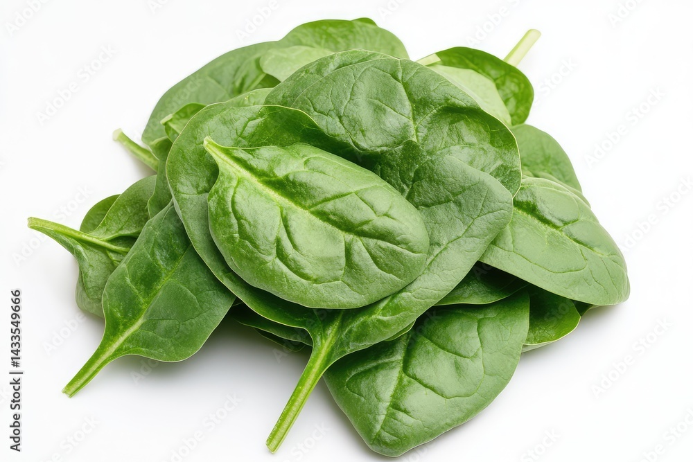 Obraz premium Fresh spinach leaves on white background. AI generated illustration.