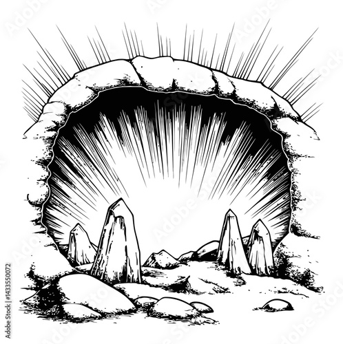 Detailed Engraving of Ancient Stone Archway with Radiating Light