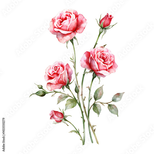 Delicate Roses Flower Bouquet with Green Leaves Isolated Hand Drawn Watercolor Painting Illustration