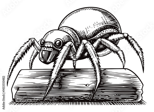 Detailed Engraving of a Spider on a Wooden Surface