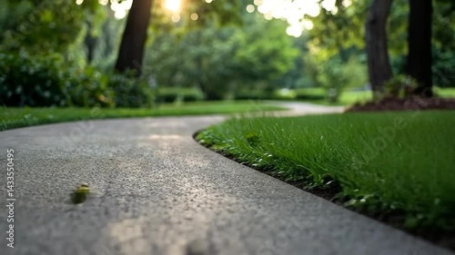 Wallpaper Mural Low angle shot of a winding concrete path in a green park with lush grass and trees bathed in soft sunlight. Focus on the path with bokeh background Torontodigital.ca
