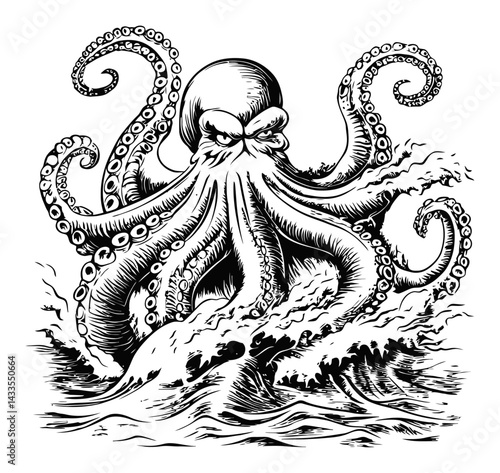 Detailed Engraving of Fierce Octopus Emerging from Turbulent Waves