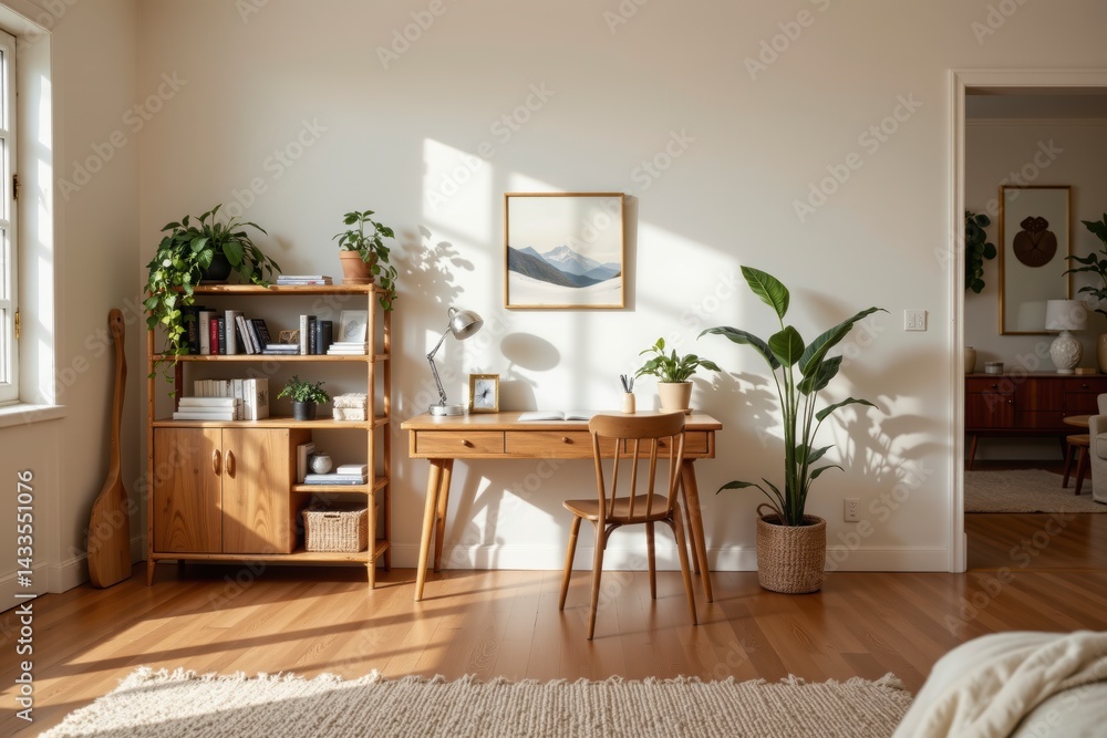 Fototapeta premium Cozy and Minimalist Home Office Space with Natural Light and Green Plants