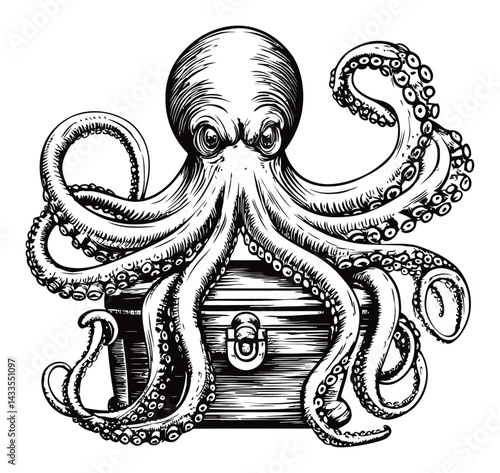 Detailed Engraving of Octopus Emerging from Treasure Chest